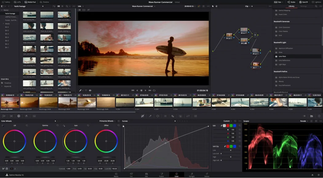 DaVinci Resolve Color page with node editor, color wheels and scopes