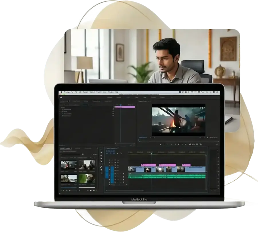 Student editing wedding films on MacBook Pro with Adobe Premiere Pro at Quick Art Photography Academy